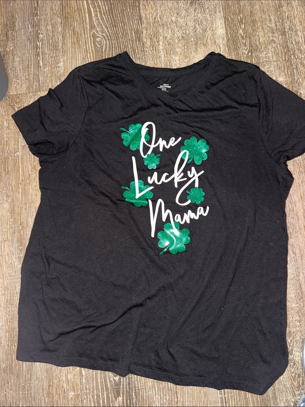 Old Navy Black T-Shirt with Green Glitter Shamrocks